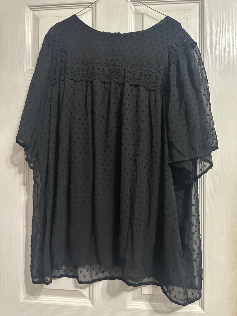 Black Swiss Dot Crochet Yoke Women's Blouse